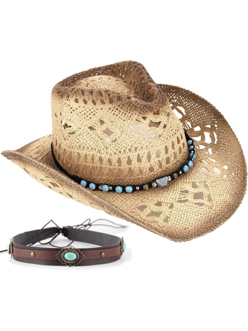 Men's Blue Stone Pull-On Straw Two Decorative Band Cowboy Cowgirl Hat